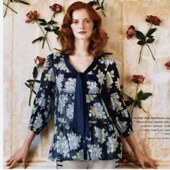 Odille Tops - Anthropologie Odille Faraway Navy White Floral Boho Peasant Blouse Twee y2k sz 0